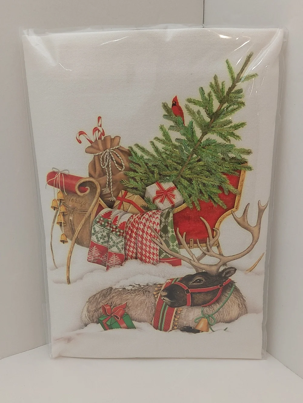 NEW Flour Sack Cotton Towel Holiday Reindeer Sleigh Christmas Baking Giftable